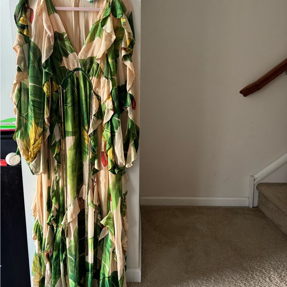 FARM Rio Green and Cream Tropical Maxi Dress